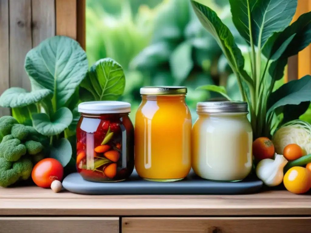 Una variedad de alimentos fermentados sin gluten beneficios, coloridos y detallados, sobre una mesa de madera con plantas verdes de fondo