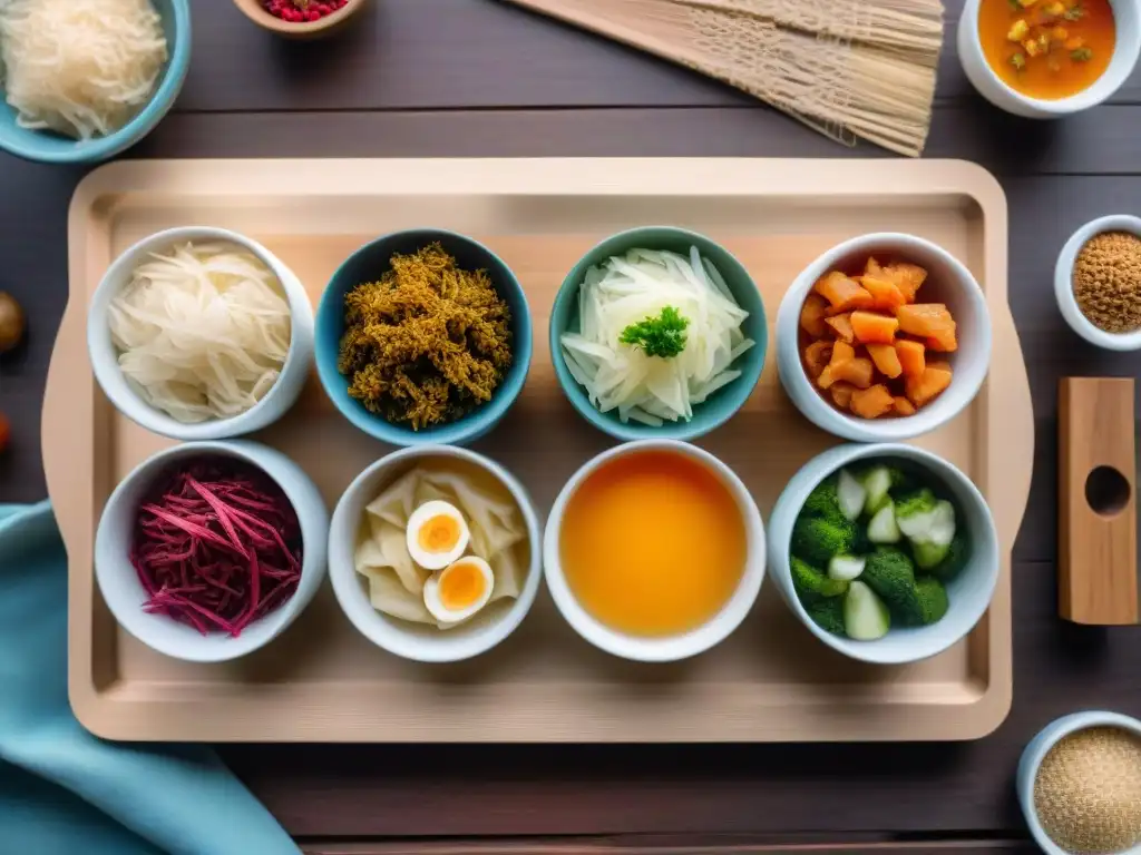 Una variedad de alimentos fermentados sin gluten probióticos como kimchi, chucrut, kombucha y miso en tablas de madera, vibrantes y texturizados