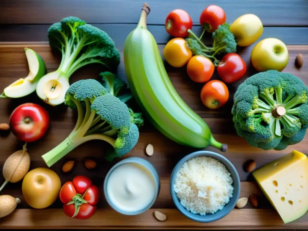 Variedad de alimentos frescos sobre mesa rústica con gotas de agua bajo luz suave