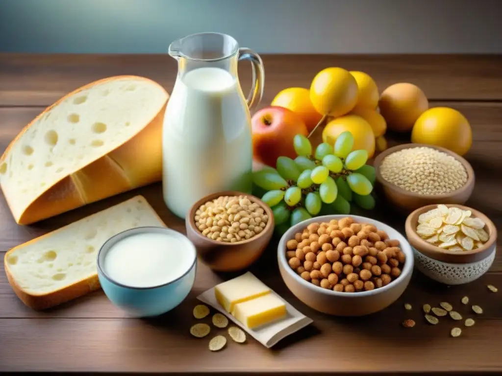 Alimentos fortificados sin gluten: nutrición saludable Una variedad de alimentos sin gluten fortificados, como cereales, pan, leche y frutas, dispuestos elegantemente en una mesa de madera con iluminación natural suave para transmitir una sensación de salud y nutrición