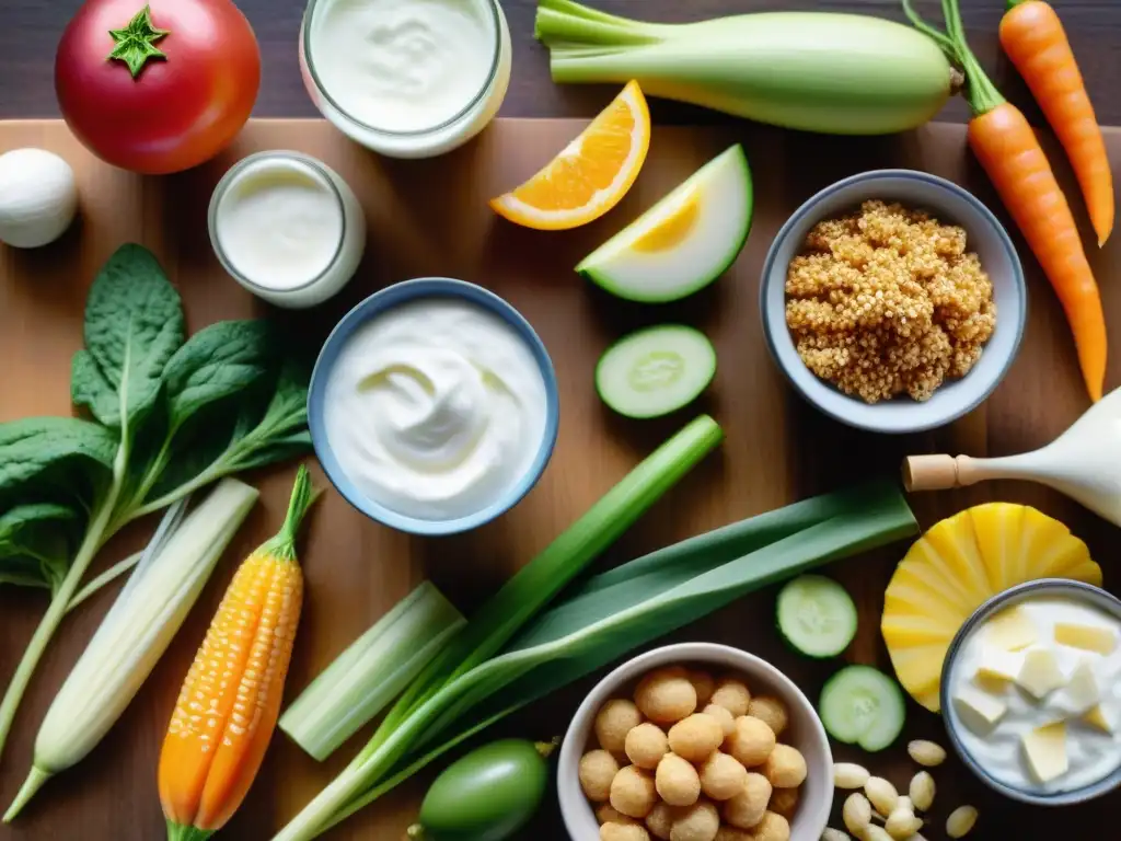 Una variedad de alimentos probióticos coloridos y vibrantes, frescos y saludables, en una mesa de madera