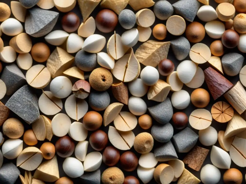 Una variedad de astillas de madera para ahumar sin gluten, con colores, texturas y tamaños diferentes, creando una muestra detallada y atractiva