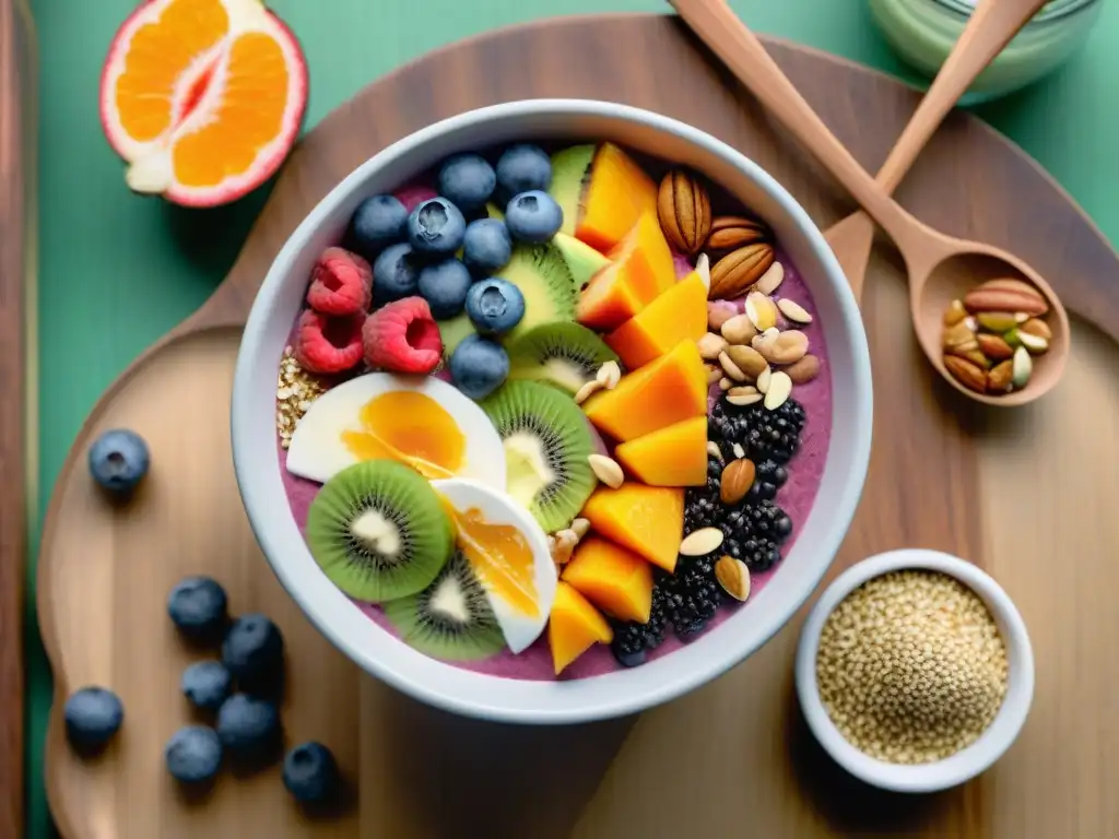 Variedad de batidos de proteínas sin gluten con frutas frescas, frutos secos y semillas, en mesa de madera con fondo verde vibrante