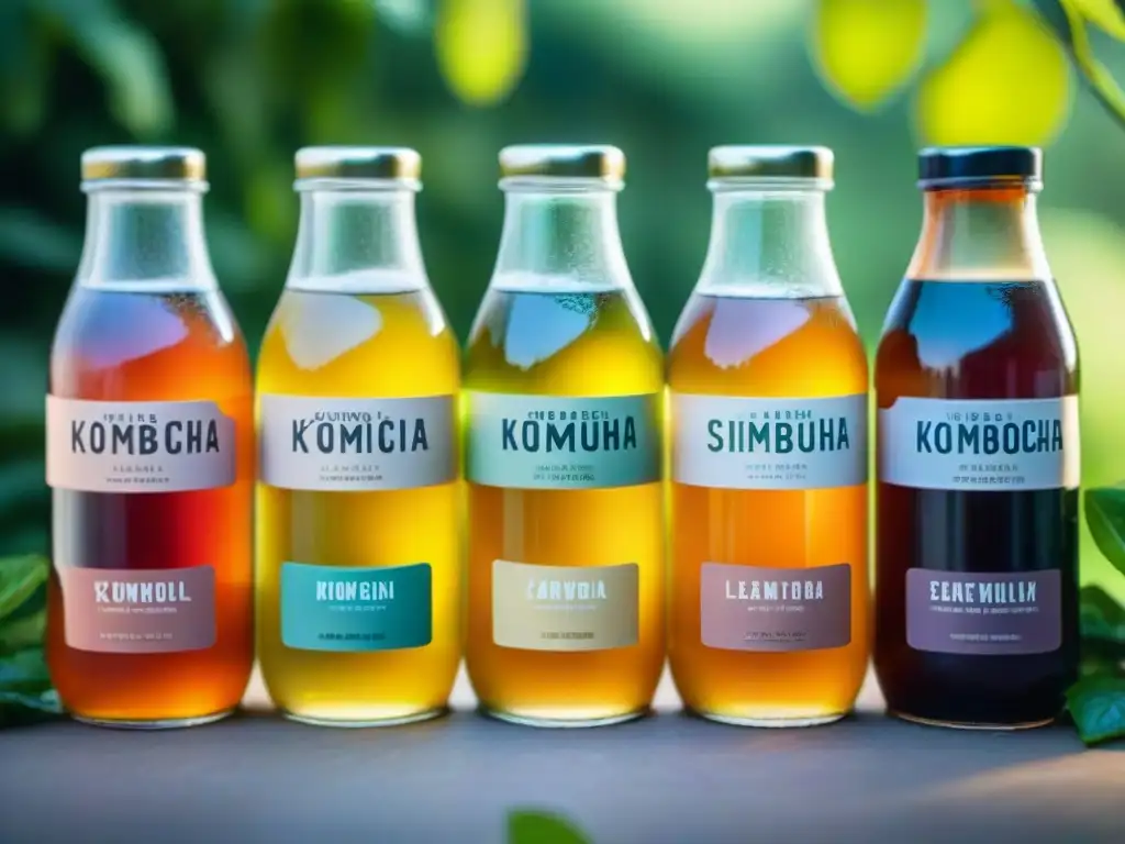 Una variedad de botellas y vasos de Kombucha coloridos, sin gluten, en un entorno fresco y natural