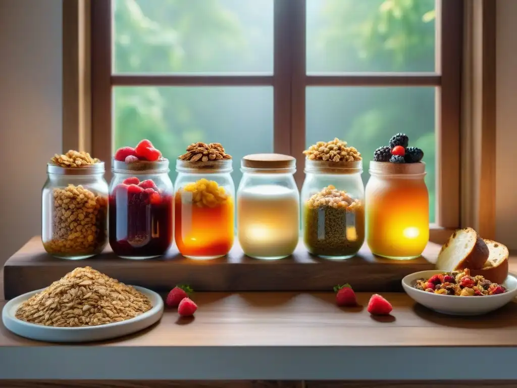 Una variedad colorida de alimentos fermentados sin gluten en una mesa rústica, con una invitadora luz solar