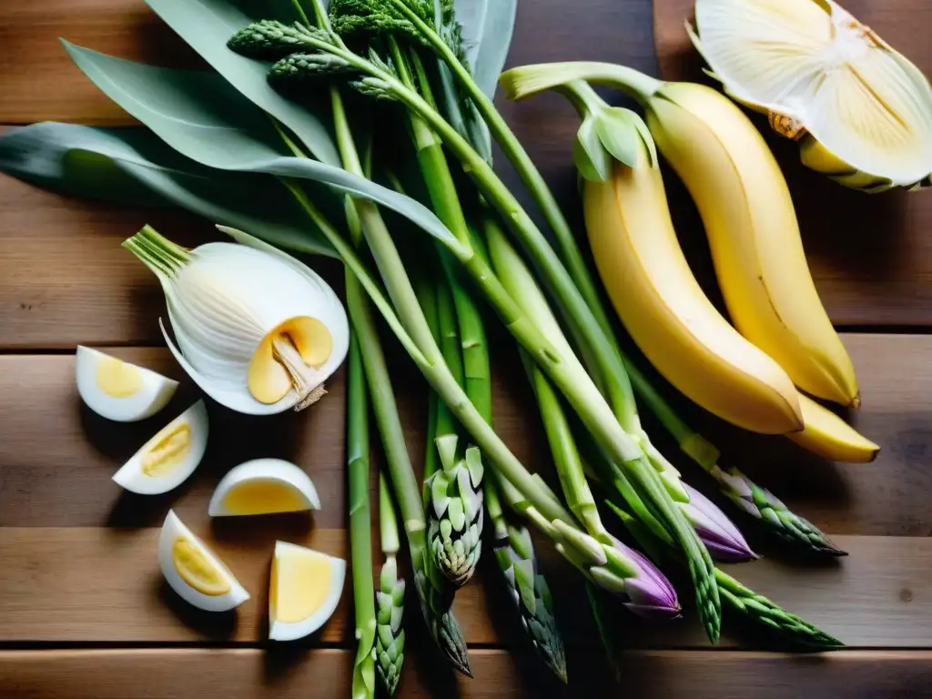 Una variedad colorida de alimentos prebióticos sin gluten, como alcachofas, plátanos, achicoria, ajo, cebolla y espárragos, sobre una mesa rústica