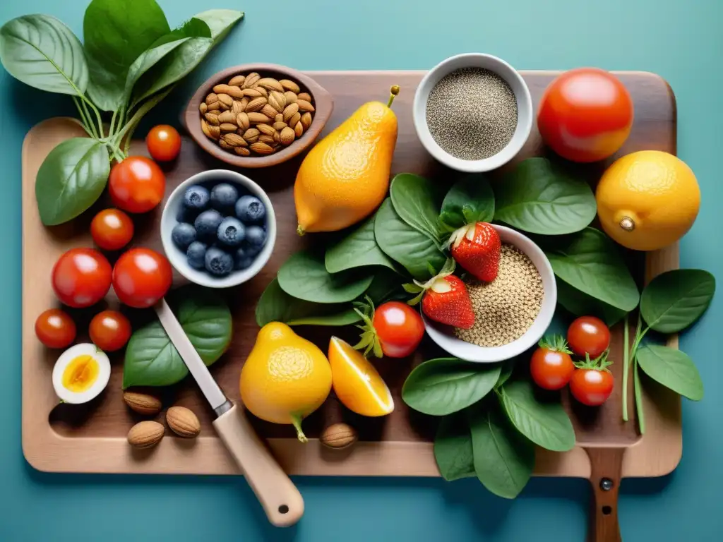 Una variedad colorida de frutas, verduras, frutos secos y semillas frescos en tabla de madera