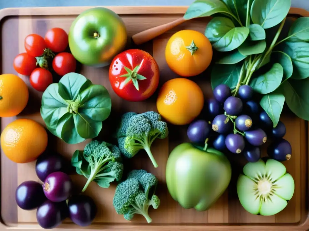 Una variedad colorida de frutas y verduras frescas en tabla de cortar de madera