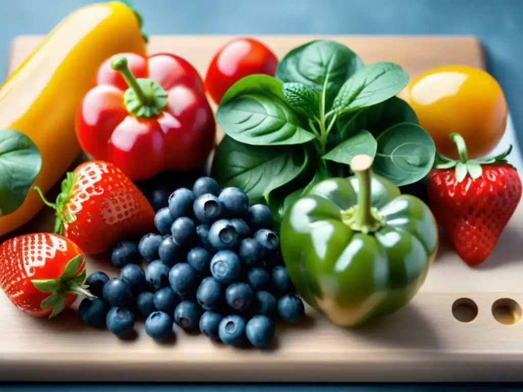 Una variedad colorida de frutas y verduras frescas en una tabla de cortar de madera, agua brillando en sus superficies