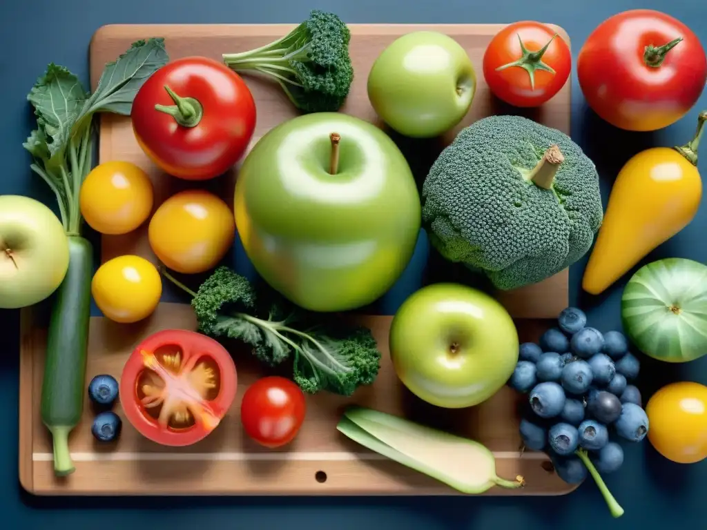 Una variedad colorida de frutas y verduras frescas en tabla de madera