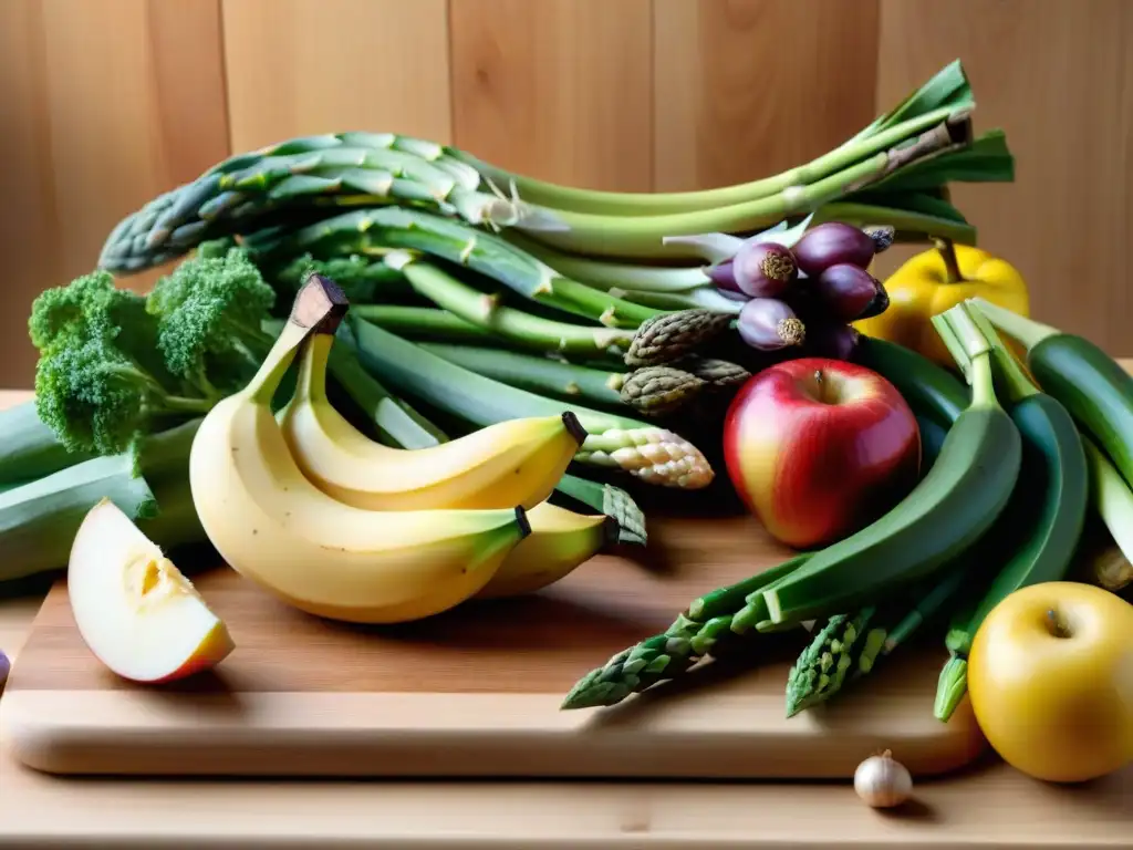 Una variedad colorida de frutas y verduras frescas en tabla de madera