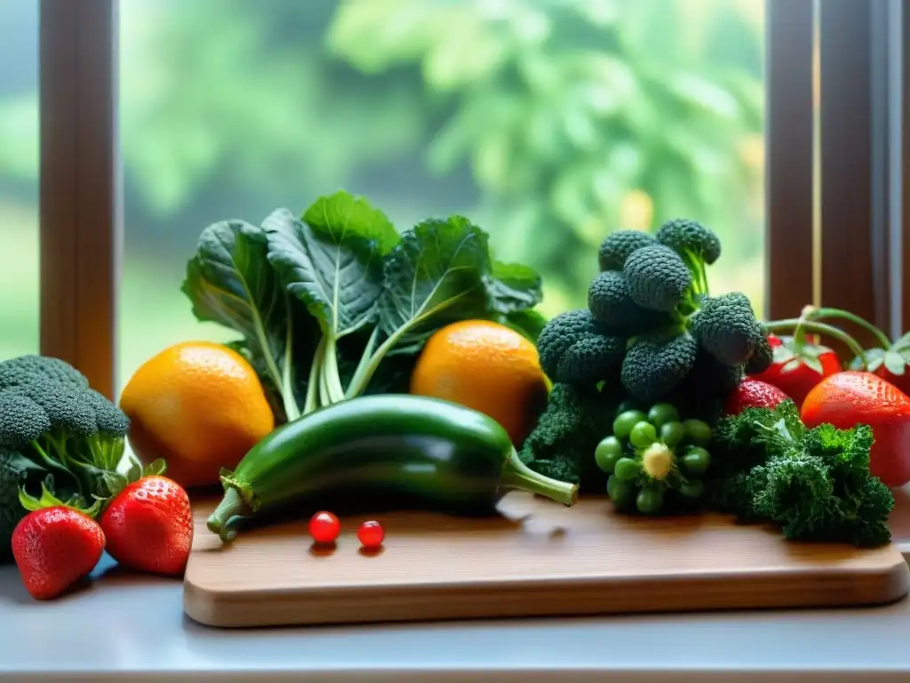 Una variedad colorida de frutas y verduras frescas en tabla de madera bajo luz cálida