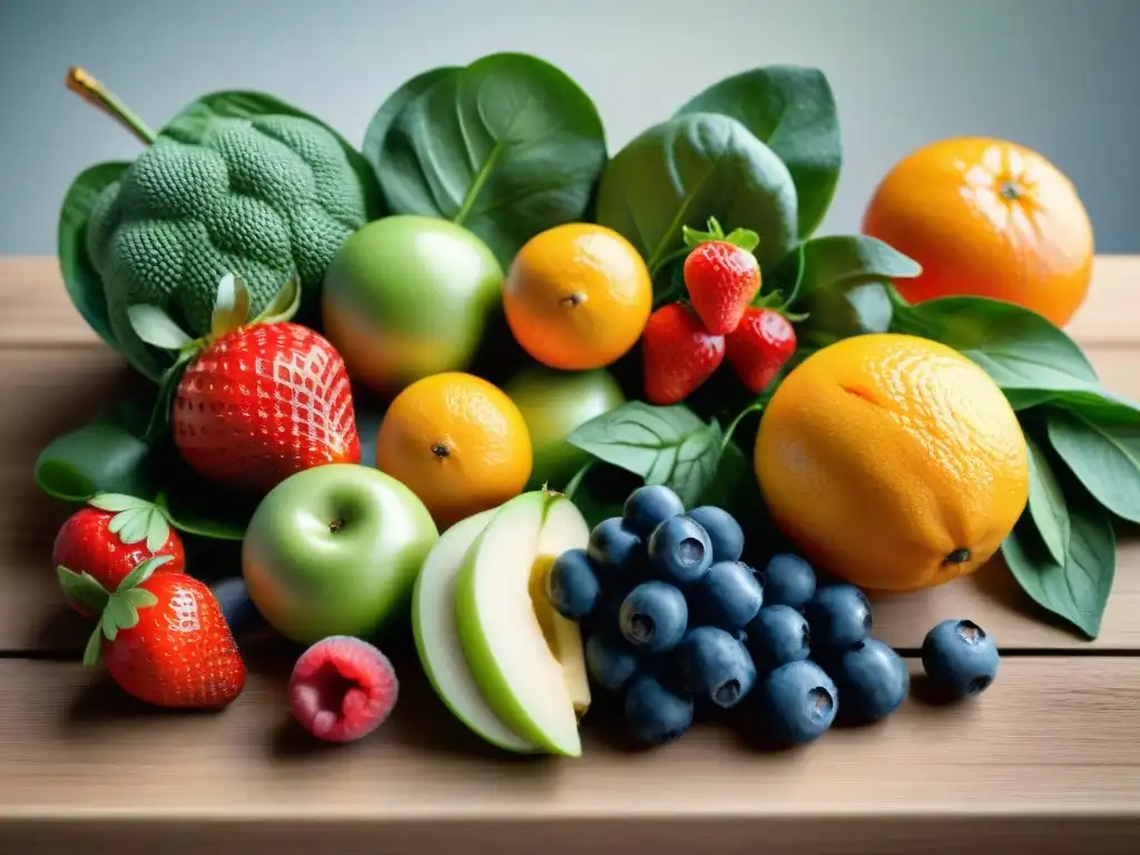 Una variedad colorida de frutas y verduras frescas sobre una mesa de madera, perfectas para batidos sin gluten para niños