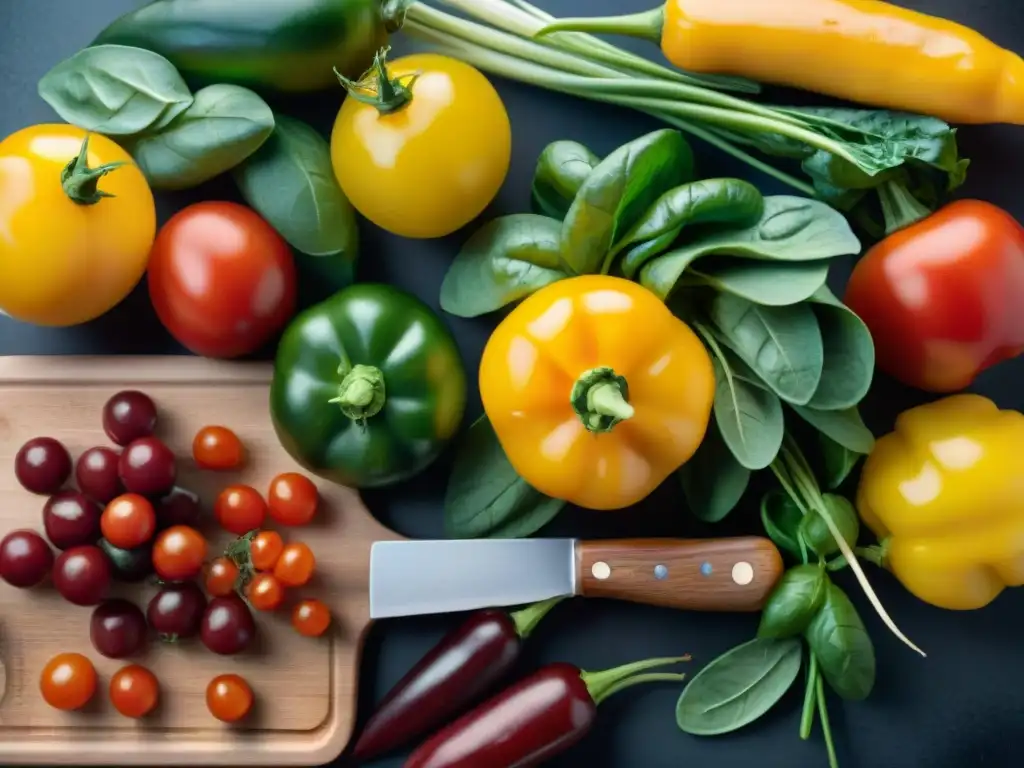 Una variedad colorida de frutas y verduras frescas sobre tabla de cortar de madera, invita a explorar la cocina sin gluten saludable