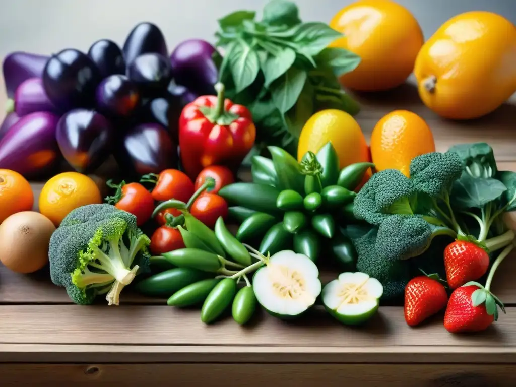 Una variedad colorida de frutas y verduras frescas sobre mesa de madera, resaltando beneficios saludables de dieta sin gluten