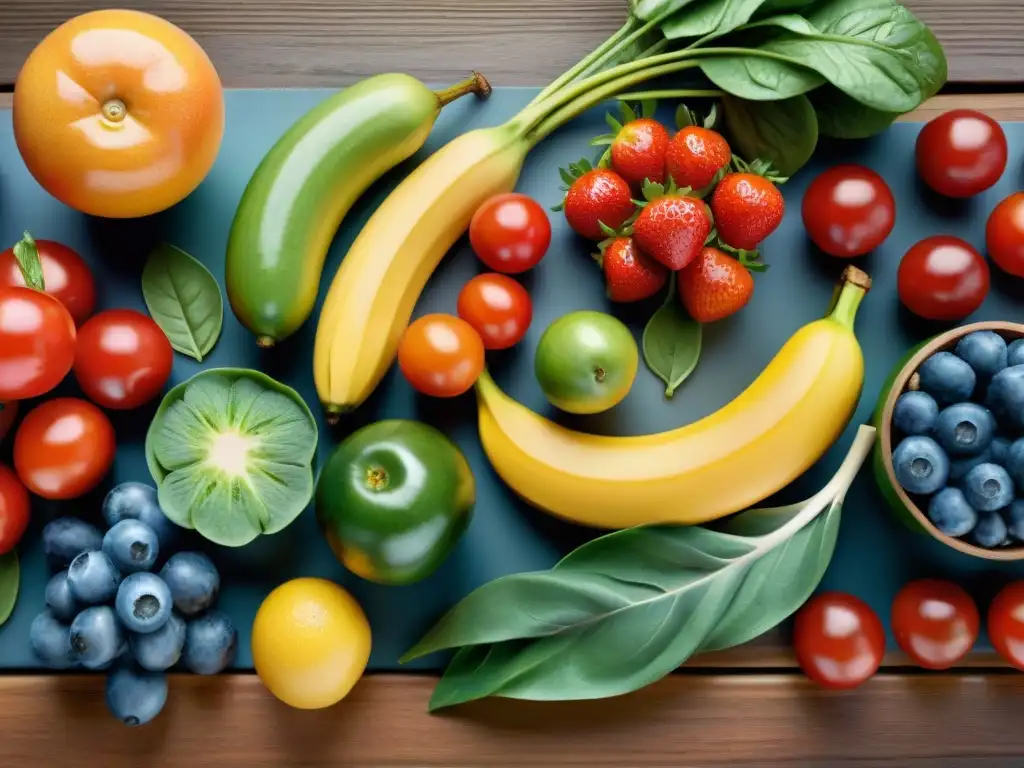 Una variedad colorida de frutas y verduras frescas en una mesa de madera