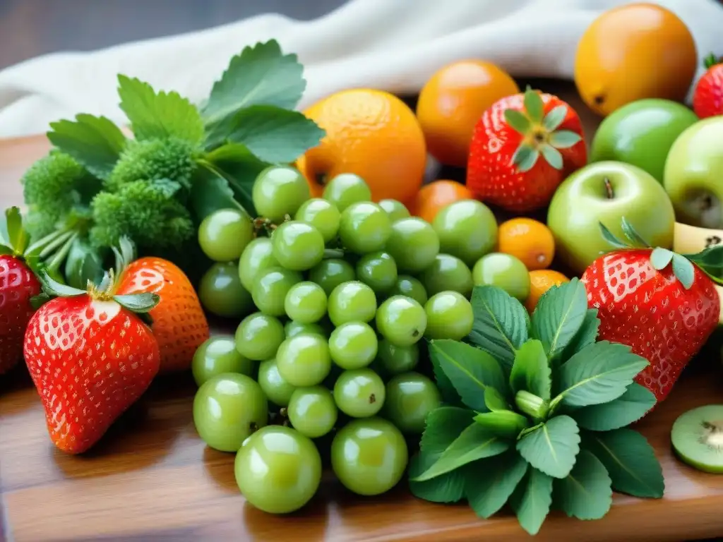 Una variedad colorida de frutas y verduras frescas sobre tabla de madera, iluminadas naturalmente