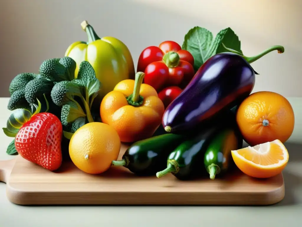 Una variedad colorida de frutas y verduras frescas en una tabla de cortar de madera