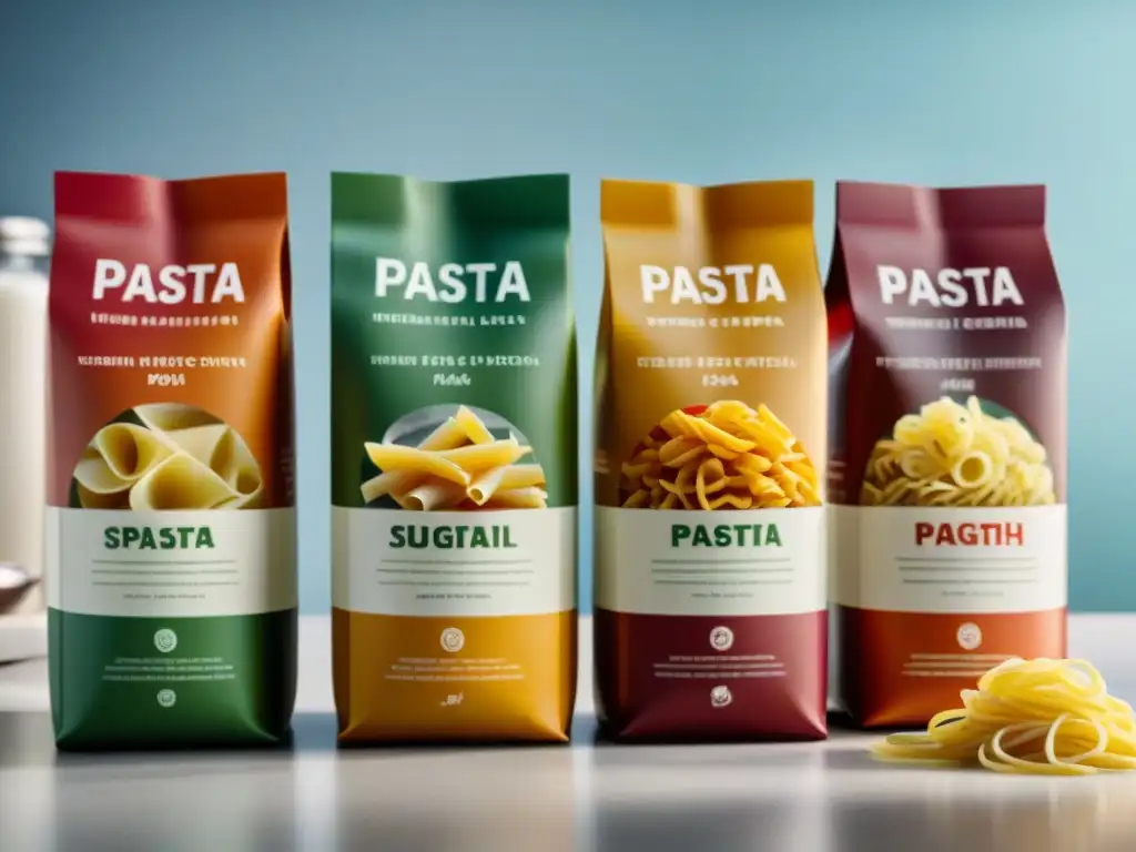 Una variedad colorida de marcas de pasta sin gluten, detalladas y atractivas en un elegante mostrador de cocina