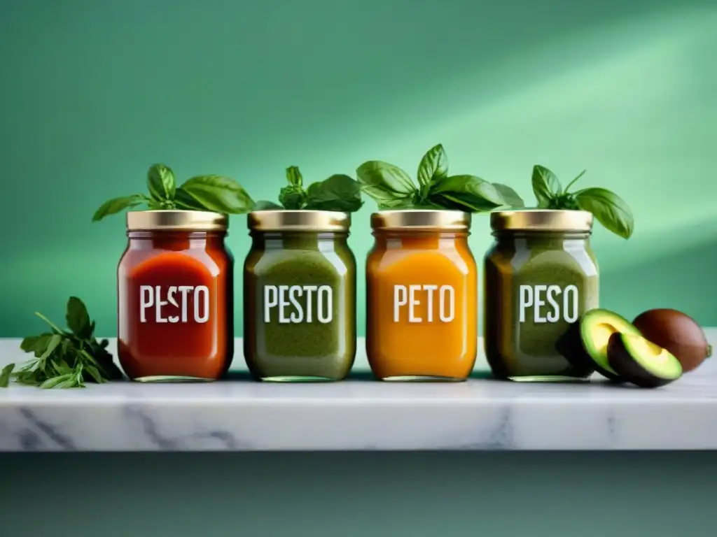 Una variedad colorida de salsas caseras sin gluten sin lácteos en frascos de vidrio, adornadas con hierbas frescas y especias en una encimera soleada de cocina