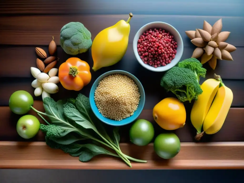 Una variedad colorida y saludable de alimentos libres de gluten sobre una mesa de madera, con iluminación suave