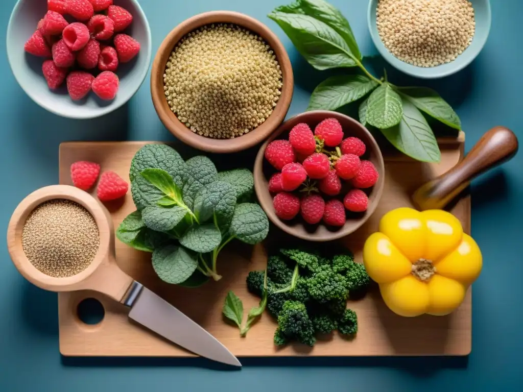 Una variedad colorida de superalimentos sin gluten beneficios, brillantes y frescos, sobre tabla de madera con luz suave