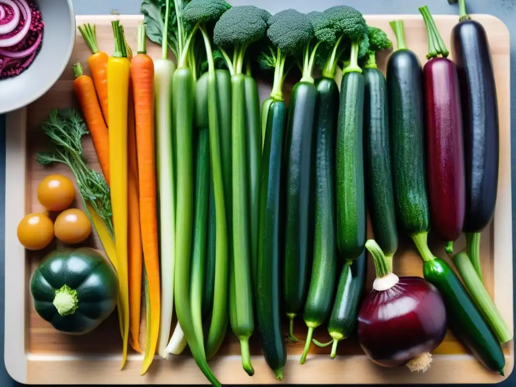 Una variedad colorida de verduras espiralizadas sobre tabla de madera, listas para recetas sin gluten con espiralizadores