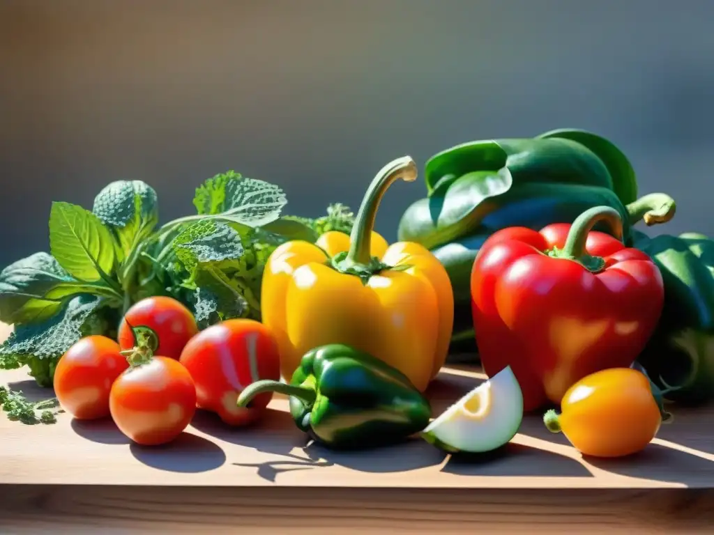 Variedad colorida de verduras y frutas en tabla de madera rústica, con luz natural destacando texturas y colores