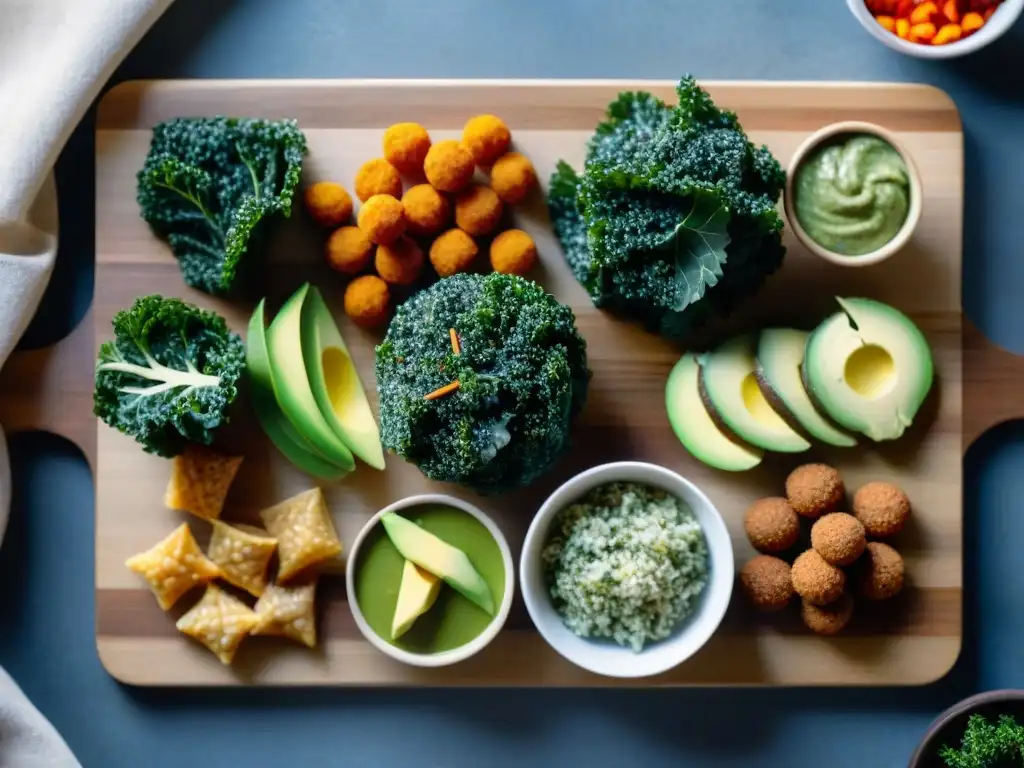 Una variedad de creativos snacks sin gluten caseros, coloridos y frescos, dispuestos con estilo en una tabla de madera