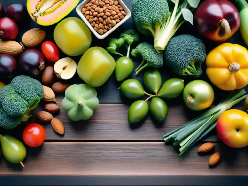 Variedad en dieta sin gluten: Abundante selección de frutas, verduras, granos y frutos secos coloridos y frescos en una mesa de madera