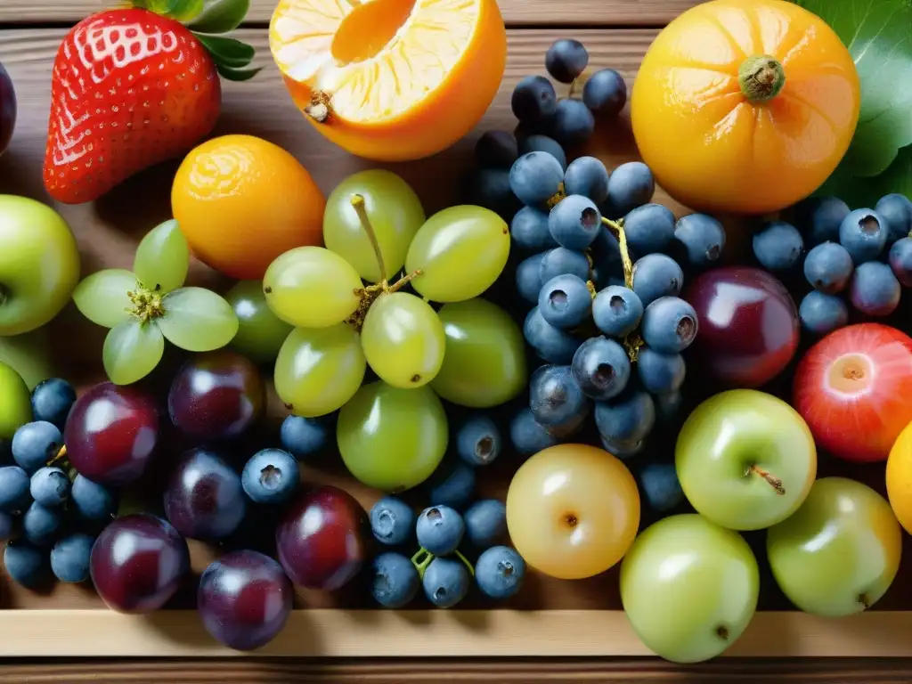 Una variedad en dieta sin gluten: frutas y verduras coloridas y frescas sobre una mesa de madera