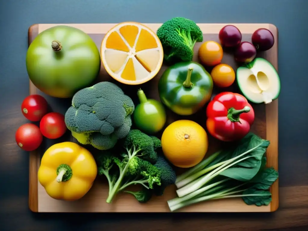 Variedad en dieta sin gluten: Frutas y verduras coloridas y frescas en tabla de madera, listas para recetas saludables