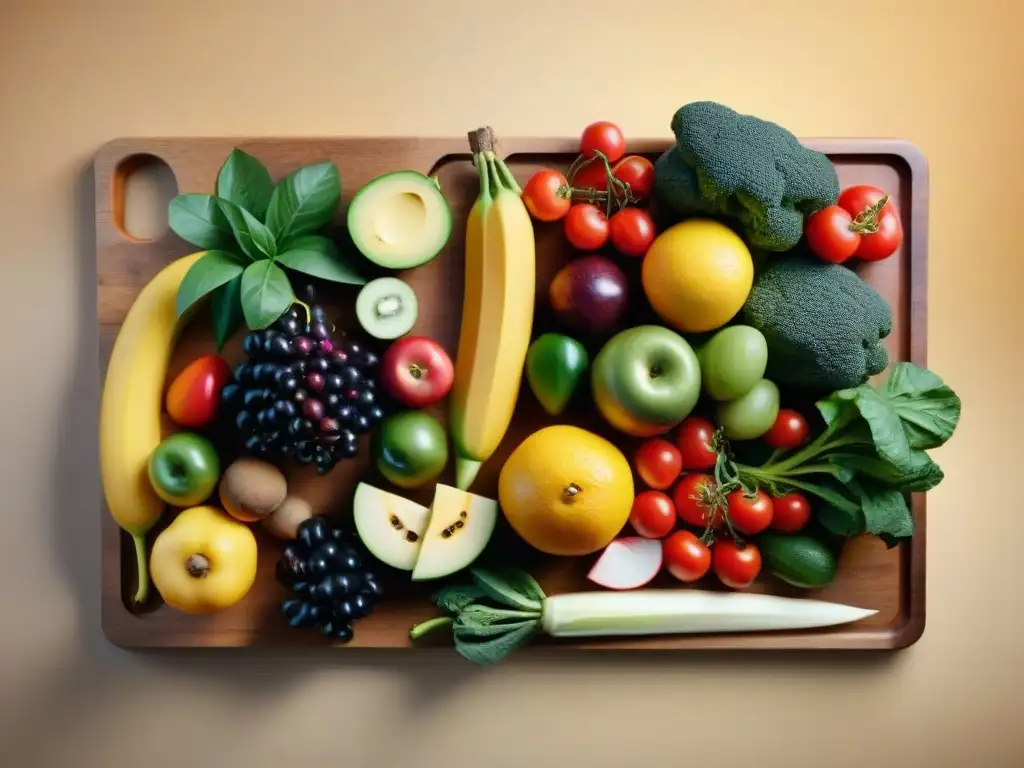 Una variedad en dieta sin gluten: vibrantes frutas y verduras en un tablero de madera, resaltando frescura y diversidad