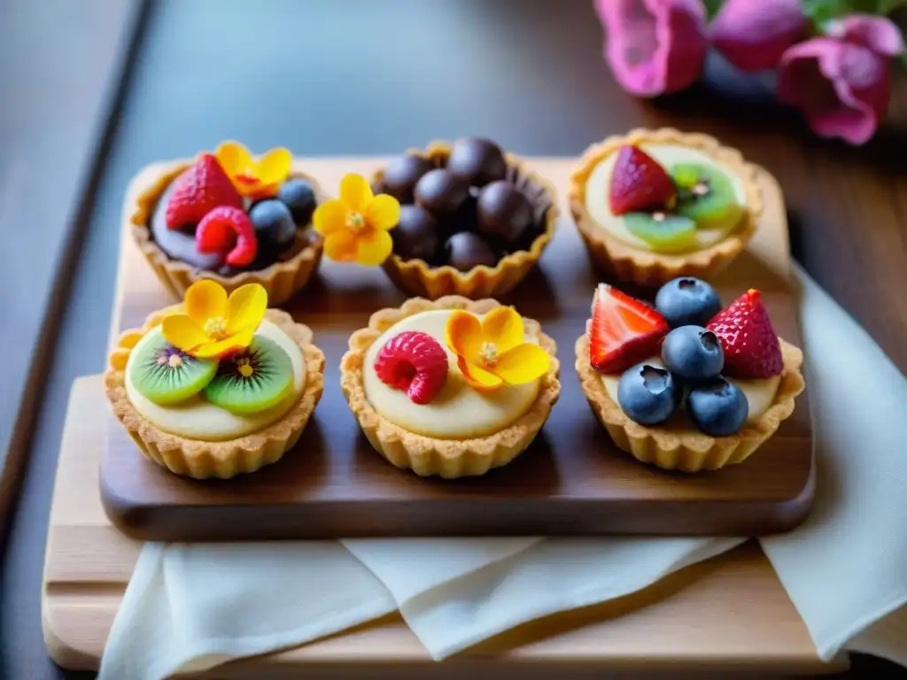 Una variedad de dulces sin gluten creativos en un tablero de madera, iluminados por la luz natural