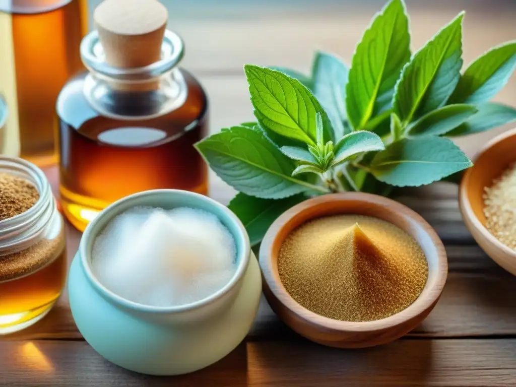 Selección de edulcorantes naturales sin gluten en mesa rústica Variedad de edulcorantes naturales sin gluten saludables en mesa rústica, con texturas y colores vibrantes, bañados por luz cálida