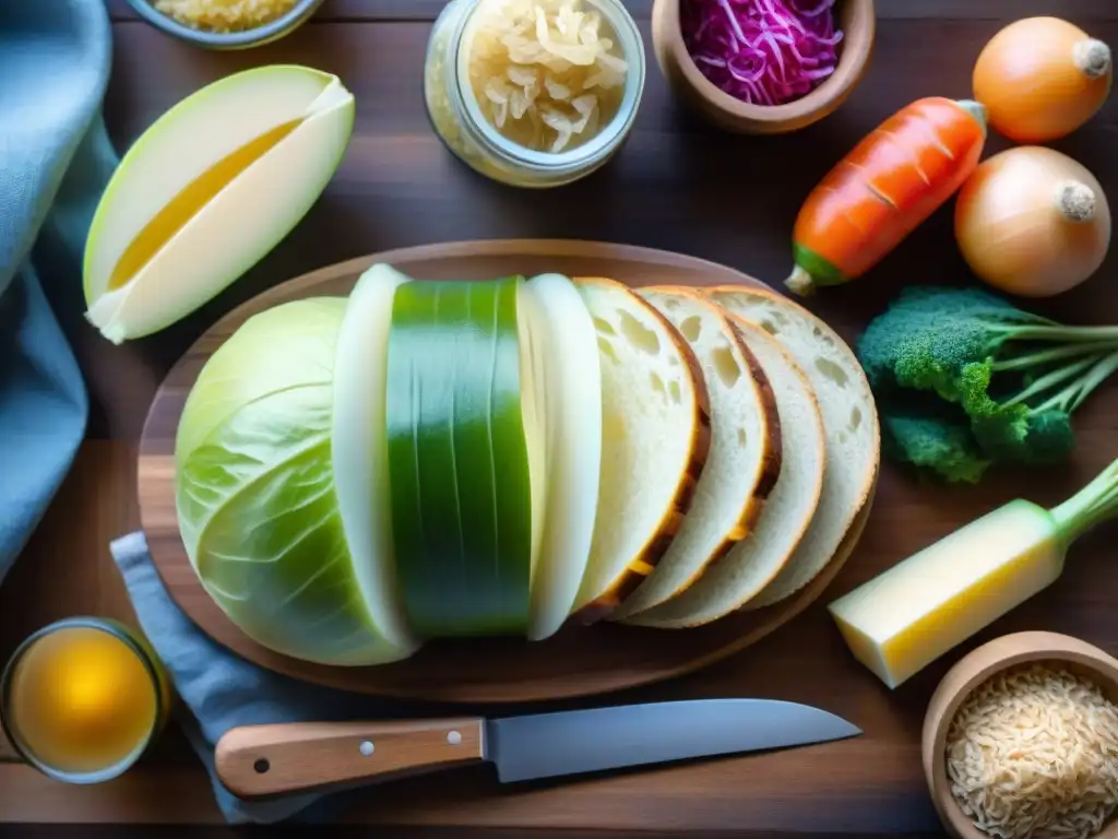 Una variedad de fermentados sin gluten para intestino, como chucrut, kimchi, kombucha y pan de masa madre, en una mesa de madera