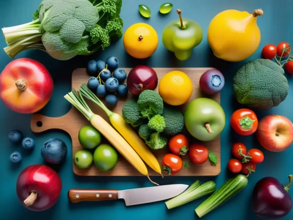 Variedad fresca de frutas y verduras en tabla de madera, ideal para planificación de comidas sin gluten