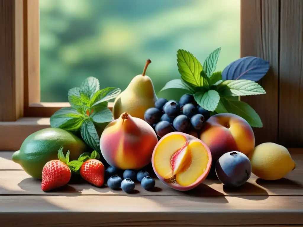 Una variedad de frutas y hierbas orgánicas sobre una mesa rústica de madera, iluminadas por el sol