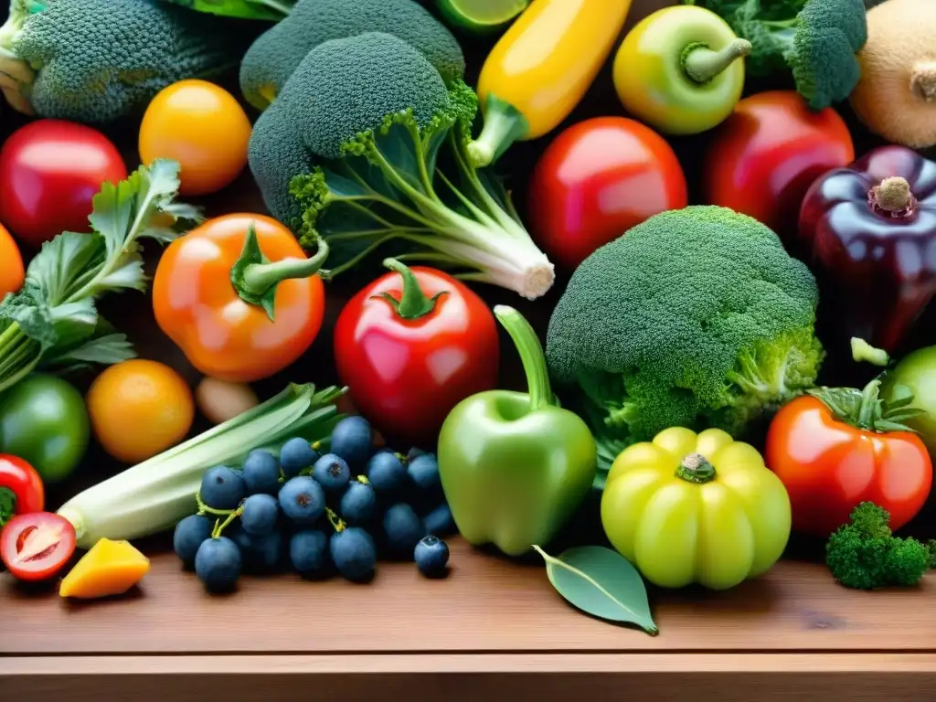 Variedad de frutas y verduras coloridas y saludables sin gluten, creando una composición visualmente atractiva en una mesa de madera