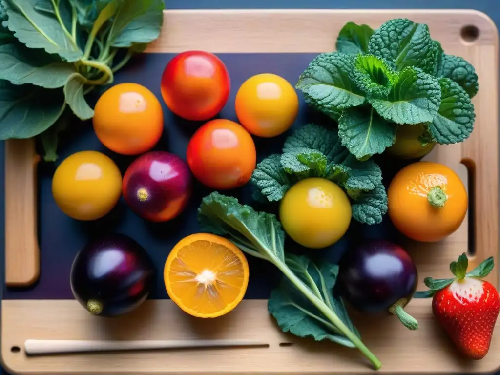 Una variedad de frutas y verduras coloridas en tabla de madera, mostrando la frescura y beneficios productos sin gluten intestino