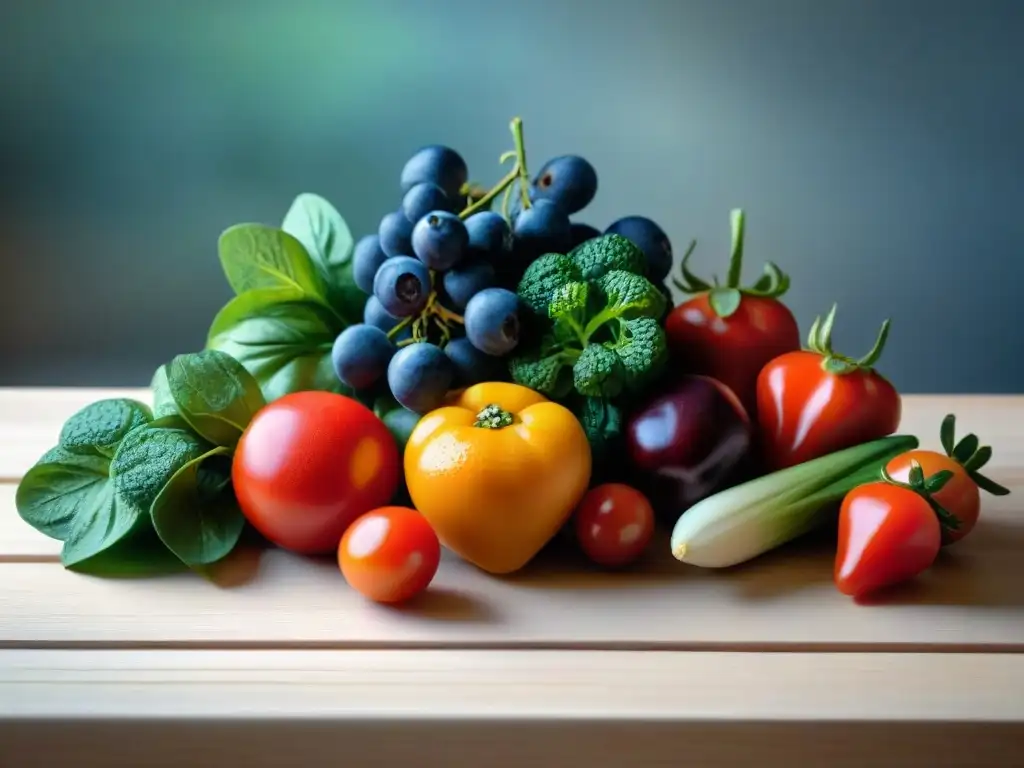 Una variedad de frutas y verduras coloridas sobre una mesa de madera, destacando frescura para dieta FODMAP baja gluten accesible