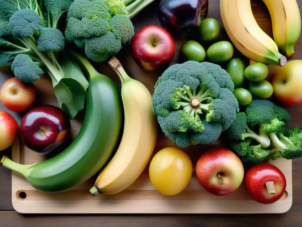 Una variedad de frutas y verduras coloridas y frescas ricas en beneficios prebióticos y probióticos sin gluten, dispuestas sobre una tabla de madera