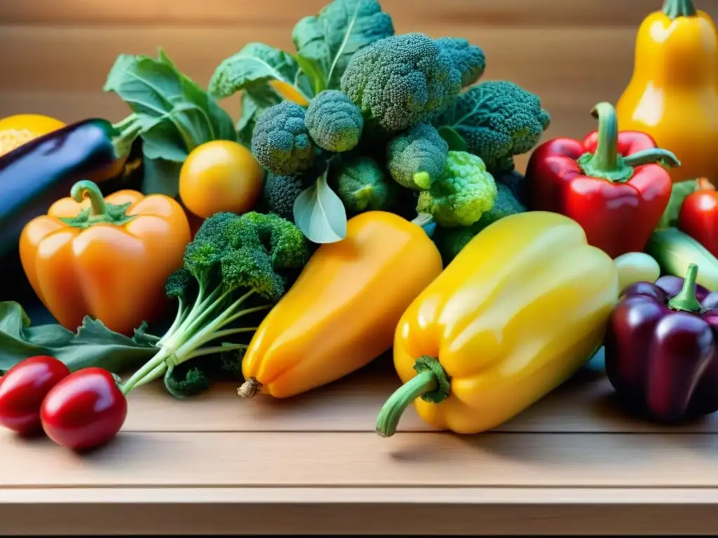 Una variedad de frutas y verduras coloridas y frescas sin gluten dieta FODMAP en una mesa de madera, evocando salud y bienestar