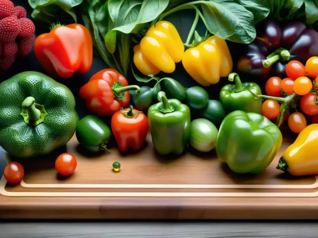 Una variedad de frutas y verduras coloridas en tabla de cortar, capturando la frescura y diversidad de ingredientes sin gluten para microbiota