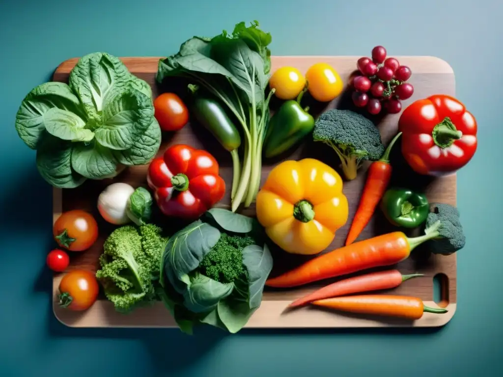 Una variedad de frutas y verduras coloridas en una tabla de cortar de madera, resaltando frescura para una dieta sin gluten y microbioma intestinal