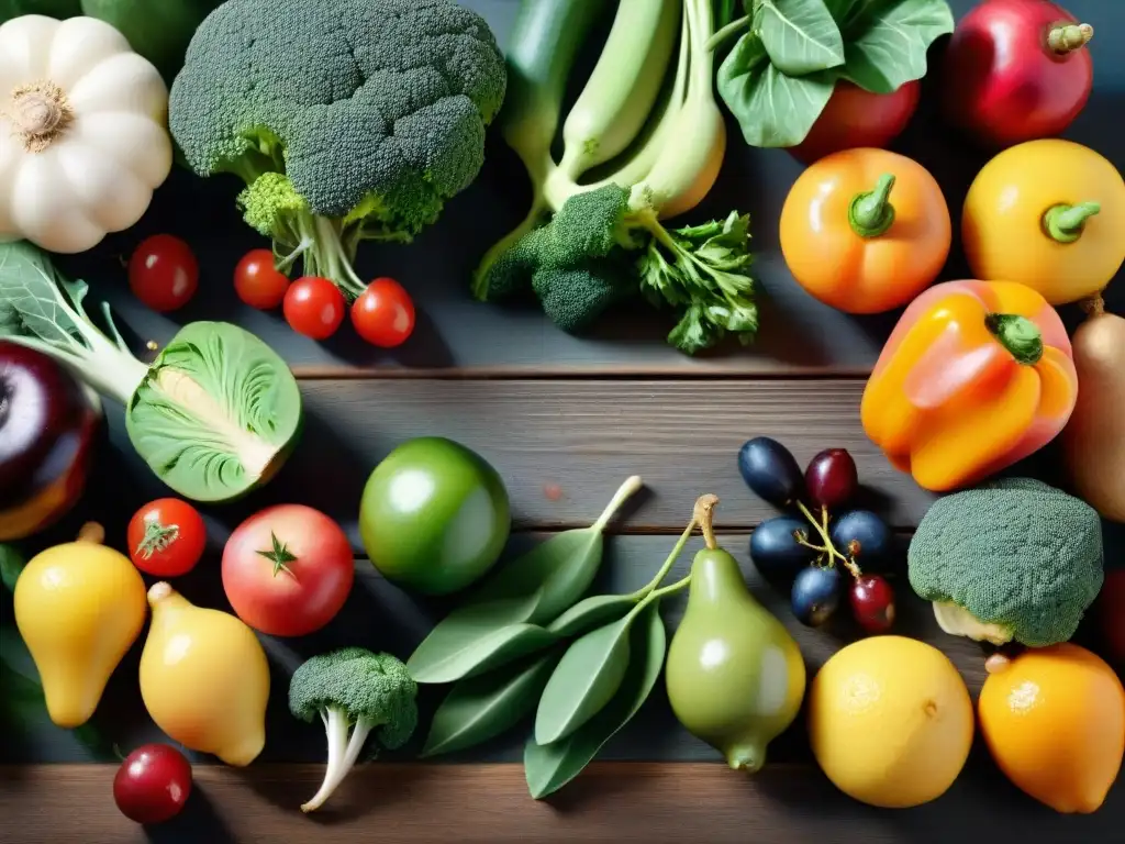 Una variedad de frutas y verduras coloridas sobre mesa de madera, con gotas de agua