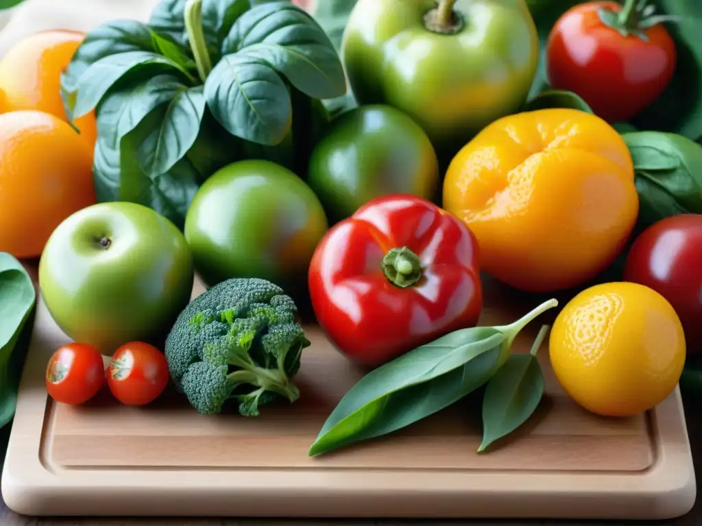 Una variedad de frutas y verduras coloridas sobre tabla de madera