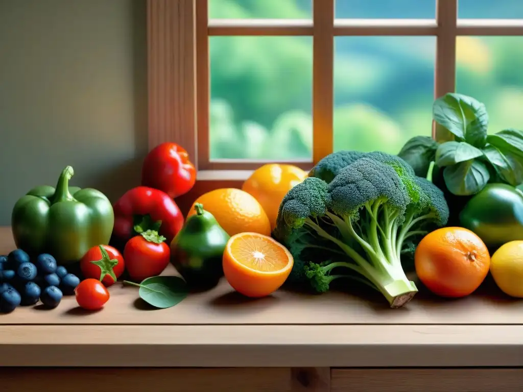 Una variedad de frutas y verduras coloridas sobre una mesa de madera, irradiando frescura y vitalidad