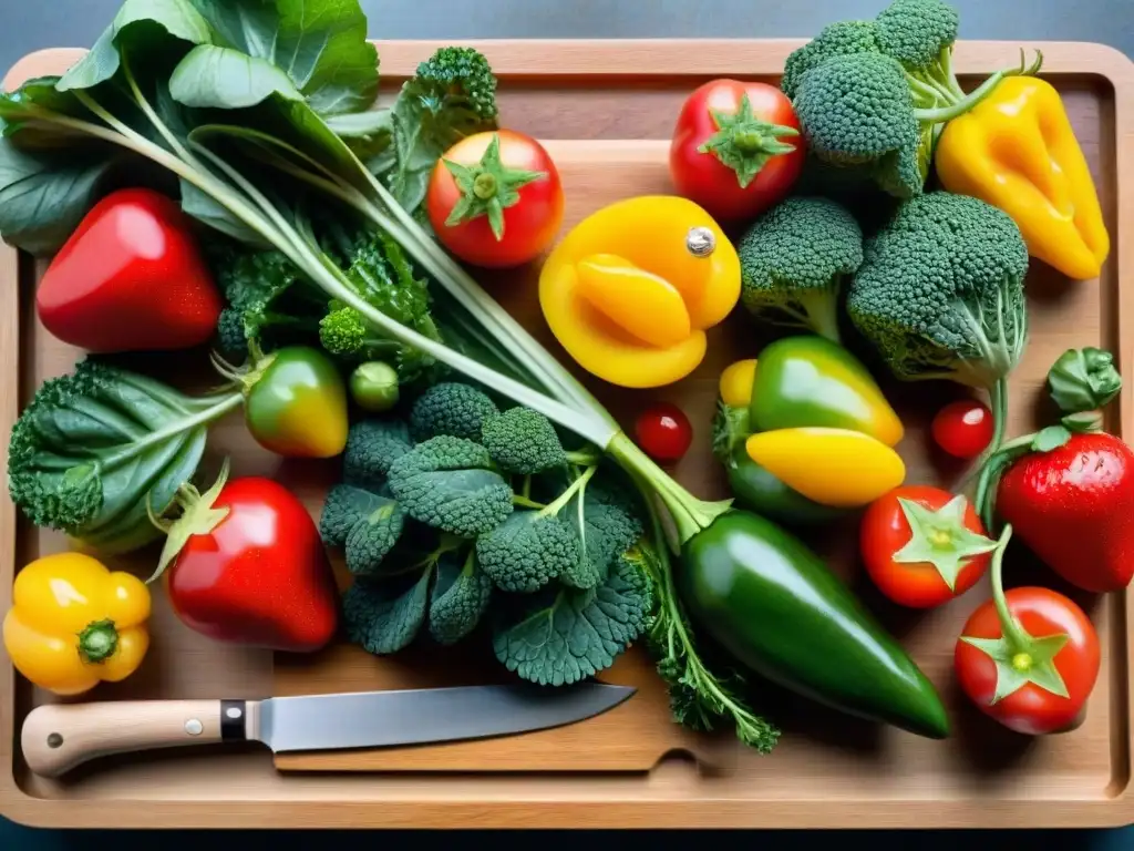 Una variedad de frutas y verduras coloridas en tabla de madera