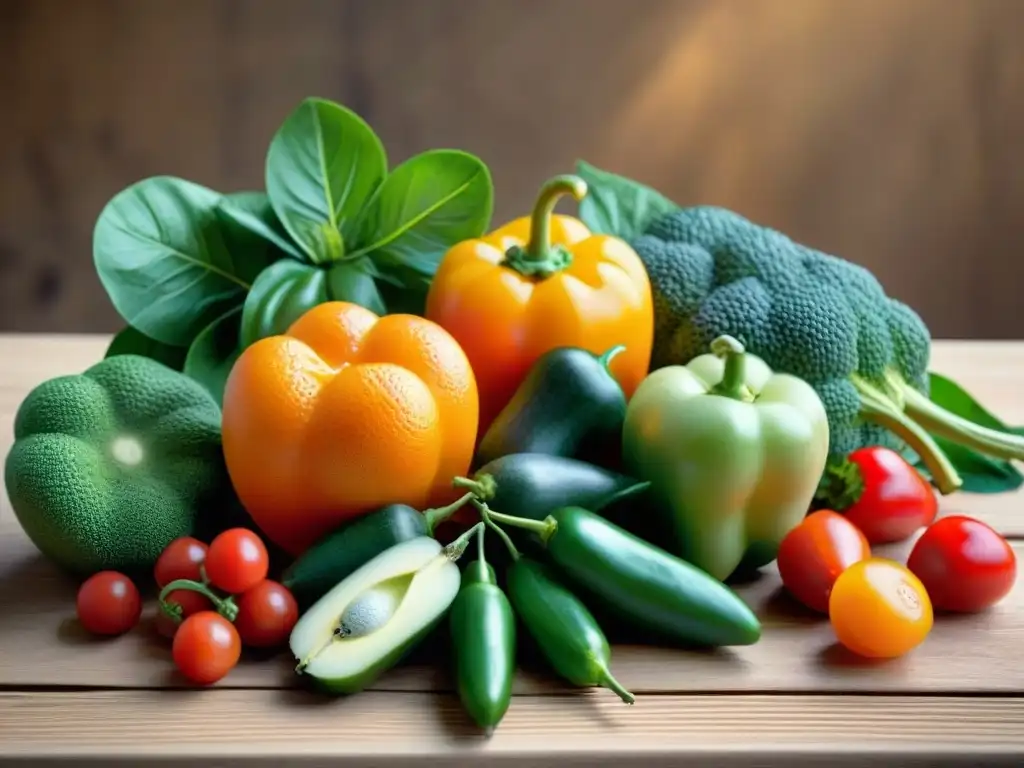 Una variedad de frutas y verduras coloridas y frescas en una mesa de madera con luz suave